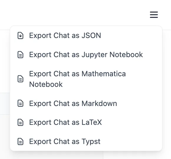 Export menu with JSON, Jupyter, Mathematica, Markdown, LaTeX, and Typst options