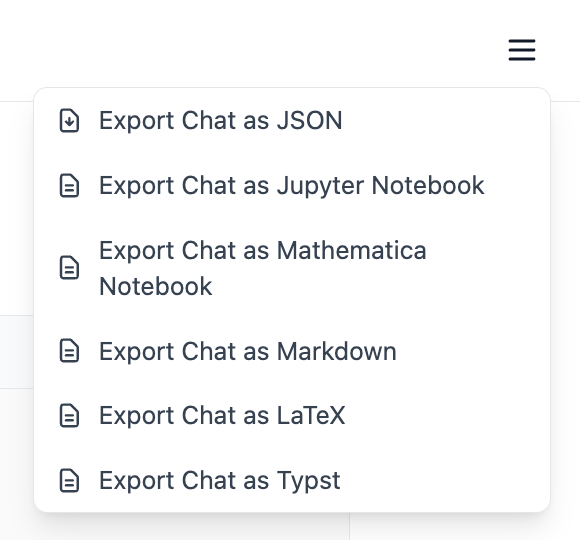 Export menu with JSON, Jupyter, Mathematica, Markdown, LaTeX, and Typst options