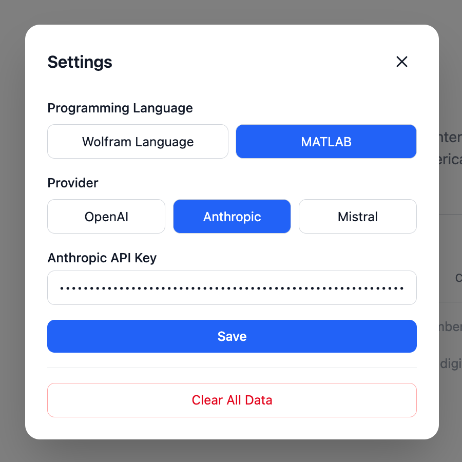 Settings dialog showing language and provider selection
